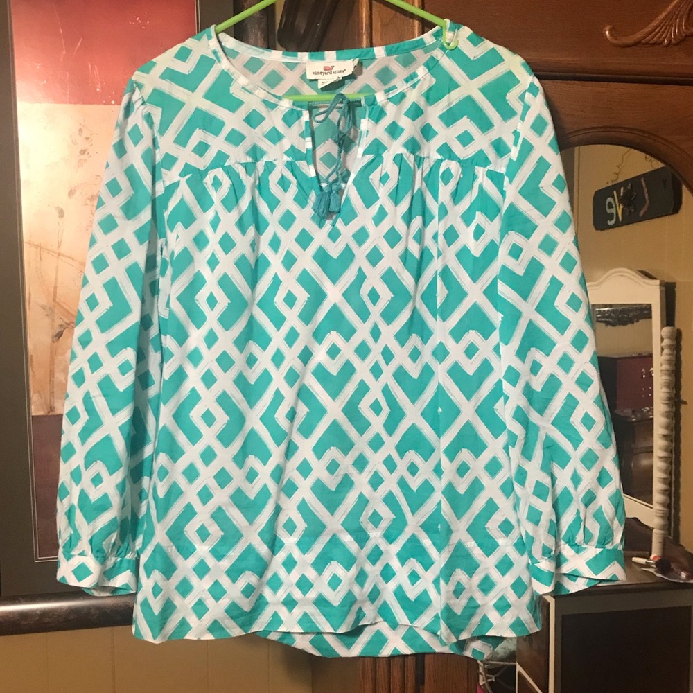 Vineyard Vines Teal and White Geometric Long Sleeve Blouse